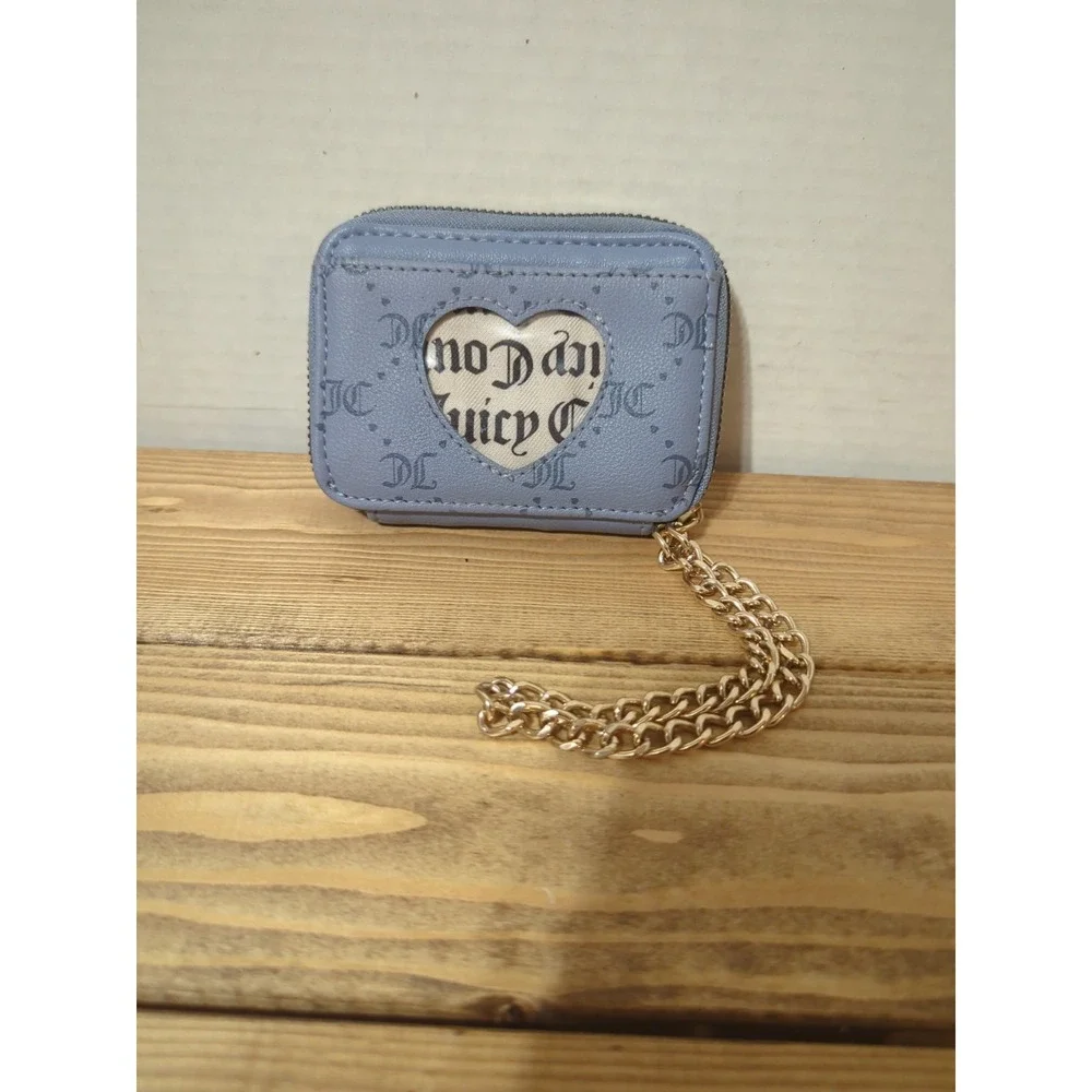 Juicy Couture Blue Pebbled Zip Wallet Heart Coin Purse Gold Chain Logo Charm